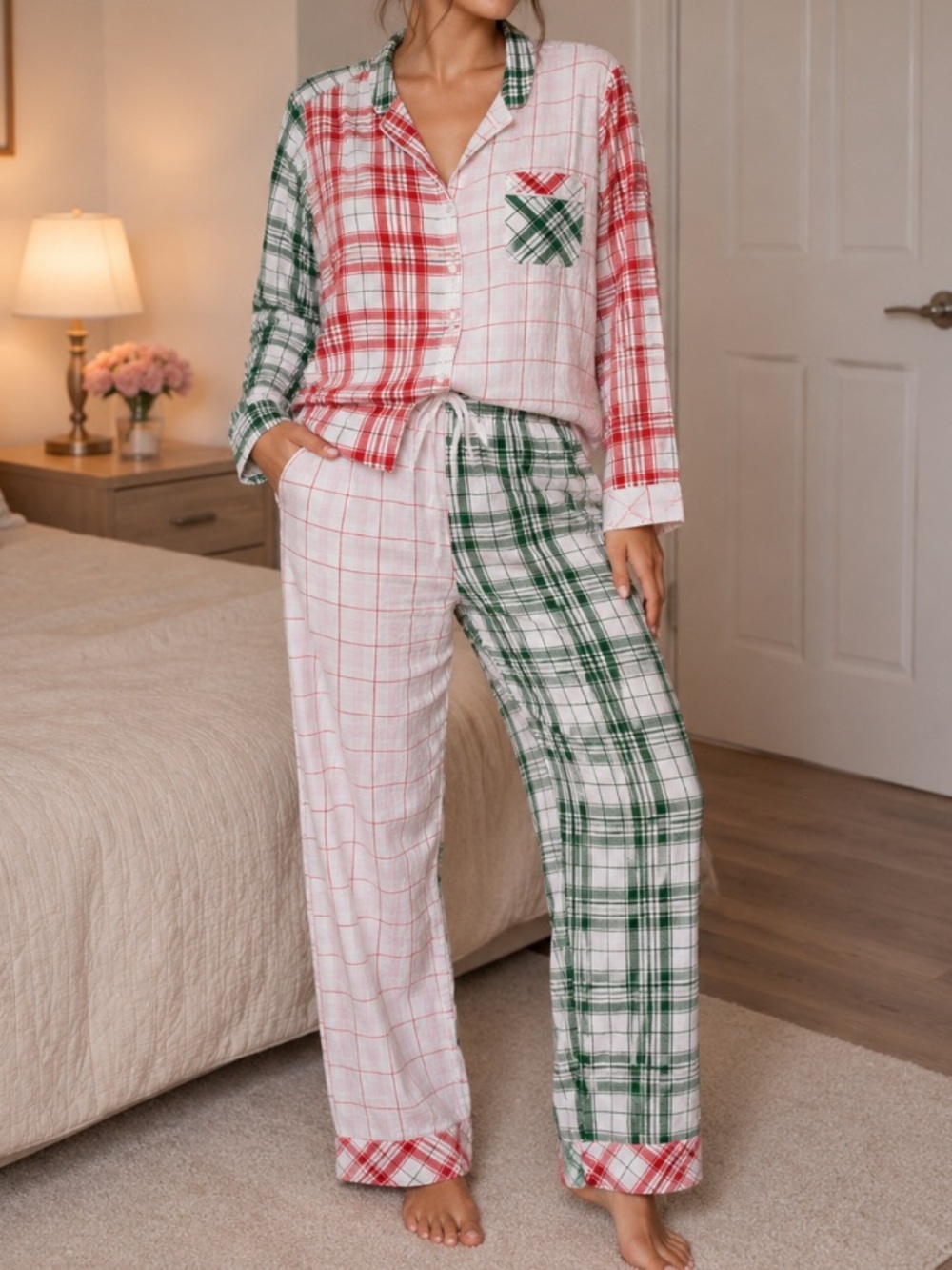 New! Victoria’s Secret Plaid Christmas Pajama Set Red Green Large 54787